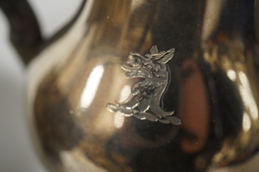 A small French white metal hot water pot, 13cm, a continental white metal bowl (a.f.) and a 19th century German white metal spoon. Condition - poor to fair